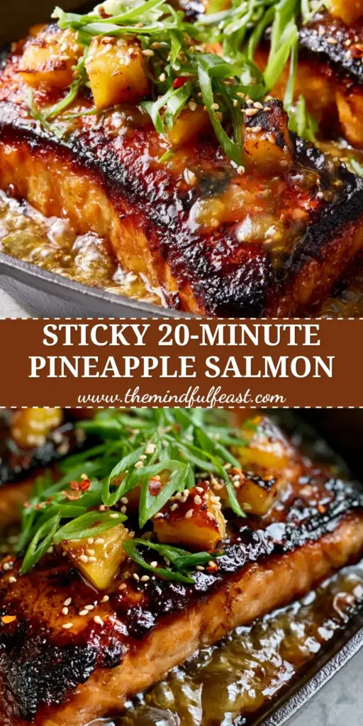 Pineapple Glazed Salmon: The Ultimate Sticky and Crispy Cast Iron Guide 4 A close-up of Pineapple Glazed Salmon in a cast iron skillet with charred pineapple chunks, sesame seeds, and sliced scallions.