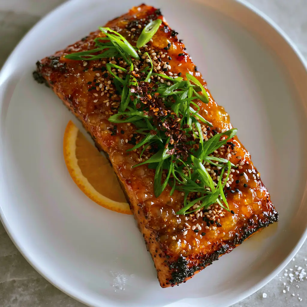 Orange Glazed Salmon with a Sticky Honey Citrus Glaze 2 A smartphone photo of a pan-seared orange glazed salmon fillet on a white ceramic plate, showing the glossy amber sauce and sesame seed garnish. (orange glazed salmon)