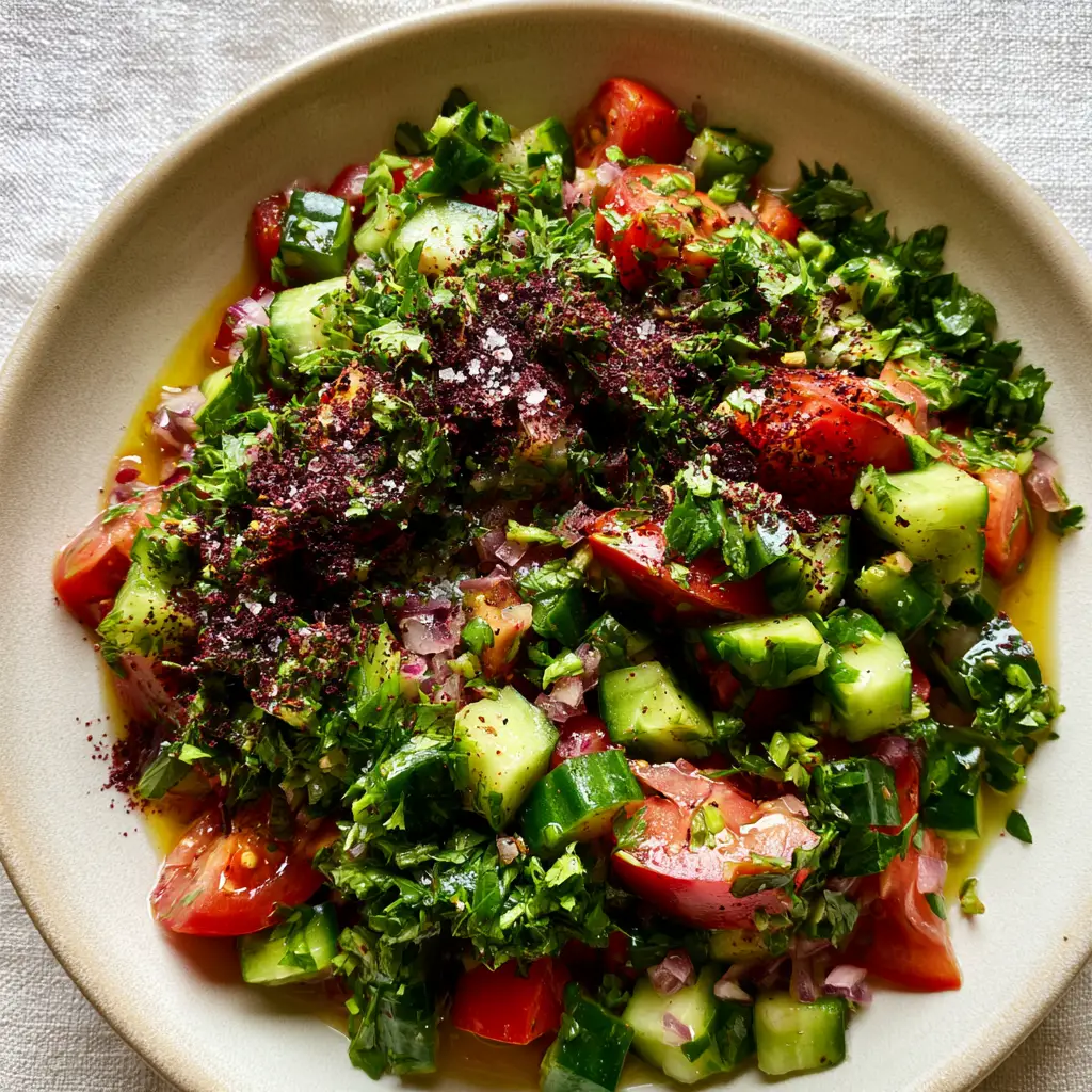 Arabic Salad: The Ultimate Vibrant Middle Eastern Chopped Salad Recipe 1 Close-up of Arabic salad highlighting the glistening droplets of lemon juice and golden olive oil.