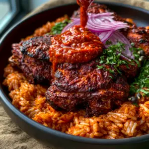 Extreme close-up of Nigerian recipes Jollof rice with mahogany charred chicken and a glossy pepper sauce drizzle. (Nigerian recipes)