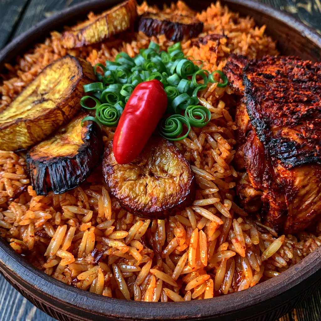 Ghanaian Jollof Rice: The Ultimate Guide to Perfectly Fluffy Grains and Smoky Flavor 1 A piece of charred grilled chicken and caramelized fried plantains resting on top of deep orange Ghanaian jollof rice.