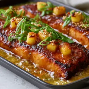 Pan-seared salmon fillets drenched in a thick, translucent amber pineapple glaze with charred fruit cubes. (Pineapple Glazed Salmon)