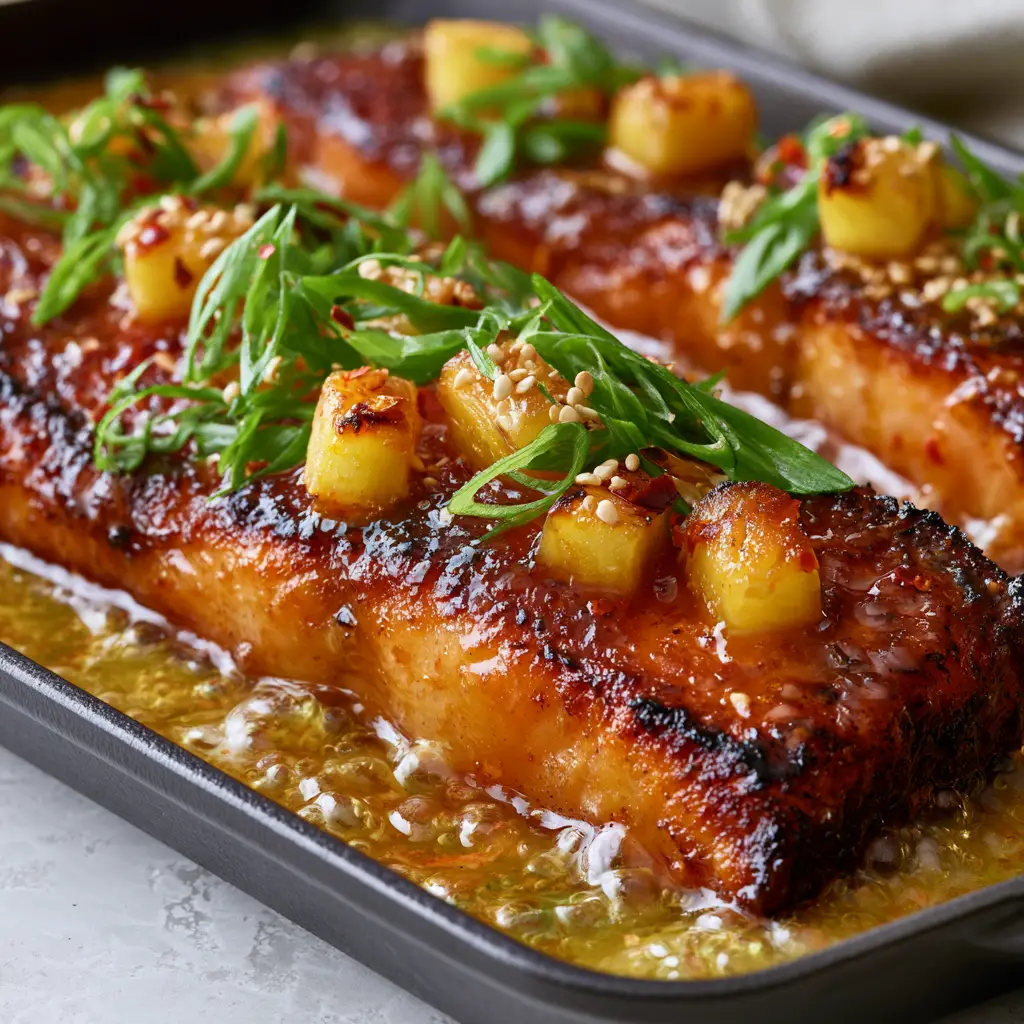Pineapple Glazed Salmon: The Ultimate Sticky and Crispy Cast Iron Guide 2 Pan-seared salmon fillets drenched in a thick, translucent amber pineapple glaze with charred fruit cubes. (Pineapple Glazed Salmon)