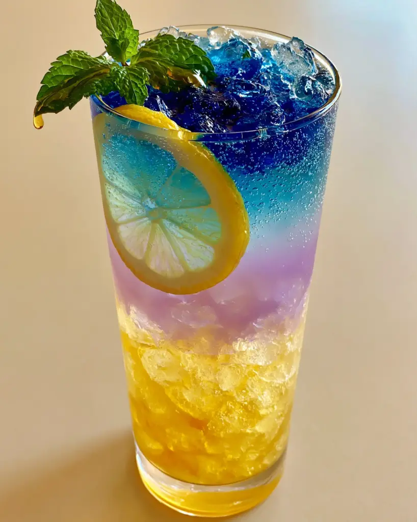 Honey Lemon Butterfly Fizz: A Mesmerizing Layered Summer Mocktail 1 Handheld smartphone style photo of the Honey Lemon Butterfly Fizz against a neutral beige background in natural light.