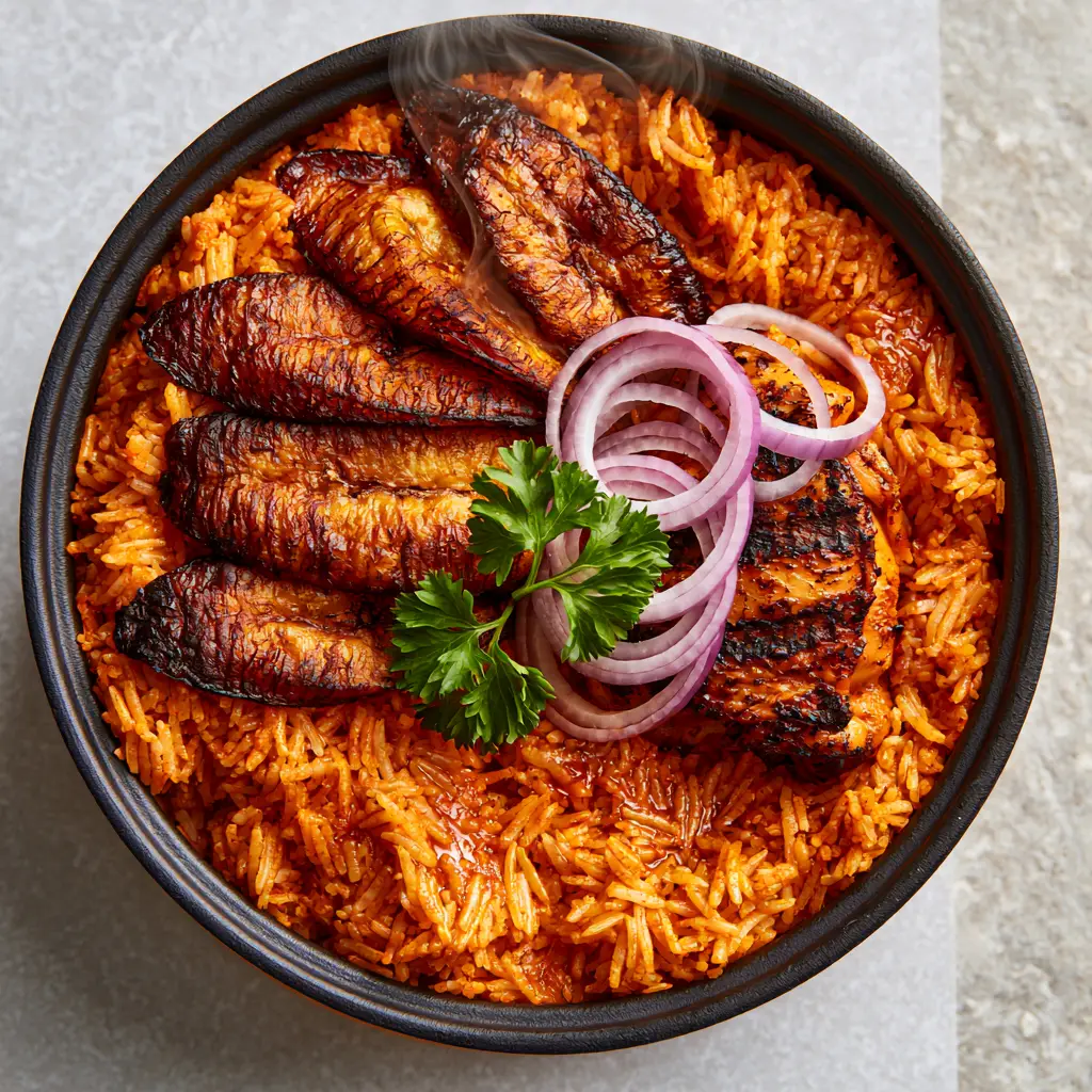 Riz Jollof Nigérian: The Ultimate Authentic Smokey Party Rice Guide 1 Close up of caramelized diagonal plantains and char-grilled chicken on top of Jollof rice. (Riz Jollof Nigérian)