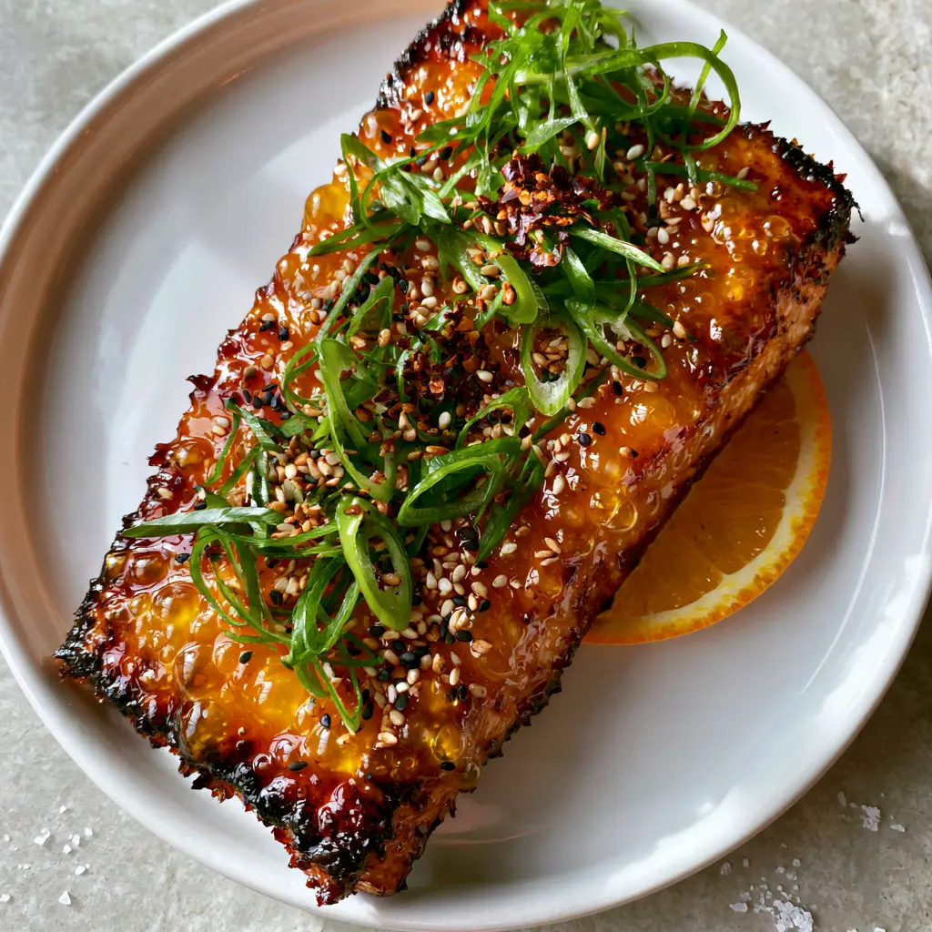 Orange Glazed Salmon with a Sticky Honey Citrus Glaze 1 Close up of caramelized orange glazed salmon with bubbling sauce and fresh scallions on a grey stone countertop.