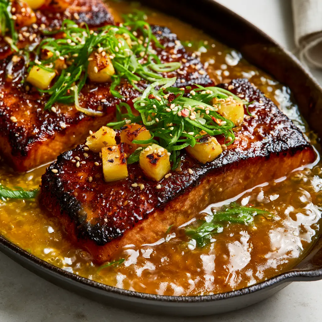 Pineapple Glazed Salmon: The Ultimate Sticky and Crispy Cast Iron Guide 1 Detailed view of moist, flaky salmon under a bubbling pineapple glaze in a dark cast iron skillet.