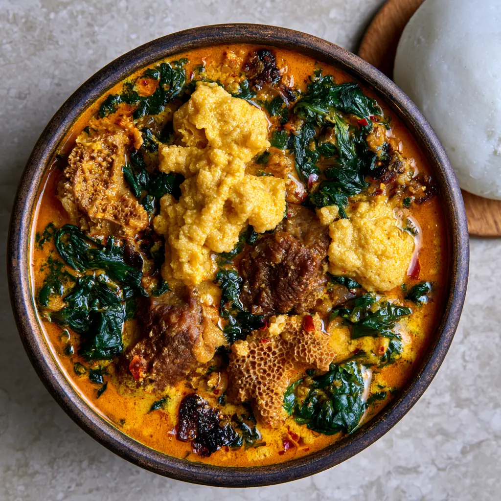 Nigerian Soups: The Ultimate Guide to Hearty Egusi with Pounded Yam 2 Top-down view of Nigerian Egusi soup in a dark bowl featuring glossy orange palm oil and dark green spinach. (Nigerian soups)