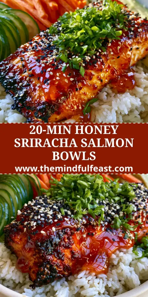 A vibrant honey sriracha salmon grain bowl with charred edges, jasmine rice, and fresh vegetables on a wooden background. (honey sriracha salmon)