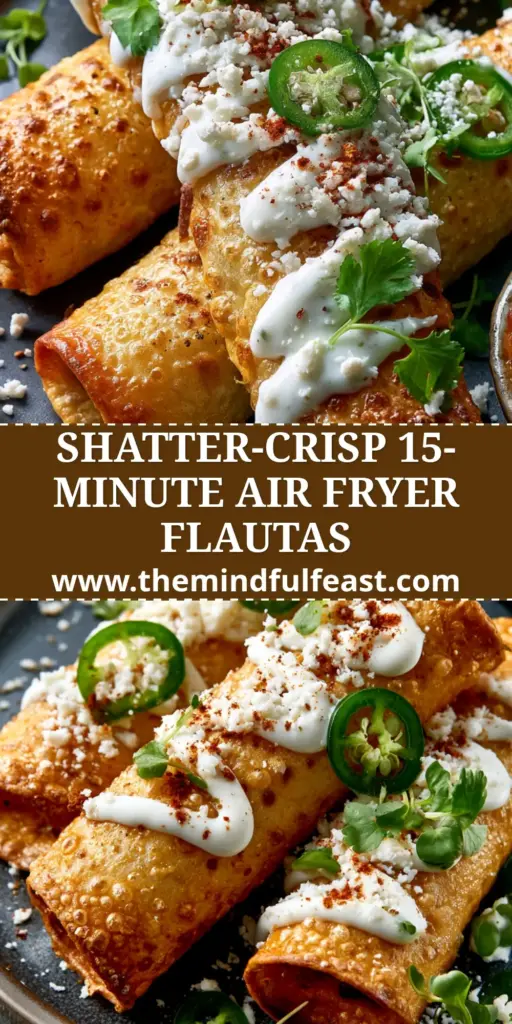Flautas: The Ultimate Shatter-Crisp Air Fryer Chicken Recipe 4 Three golden-brown air fryer chicken Flautas stacked on a charcoal plate with lime crema and serrano peppers.