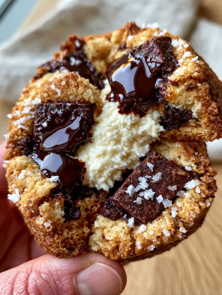 Eye-level shot of a cookie being pulled apart, revealing the thick snow-white cheesecake filling inside.