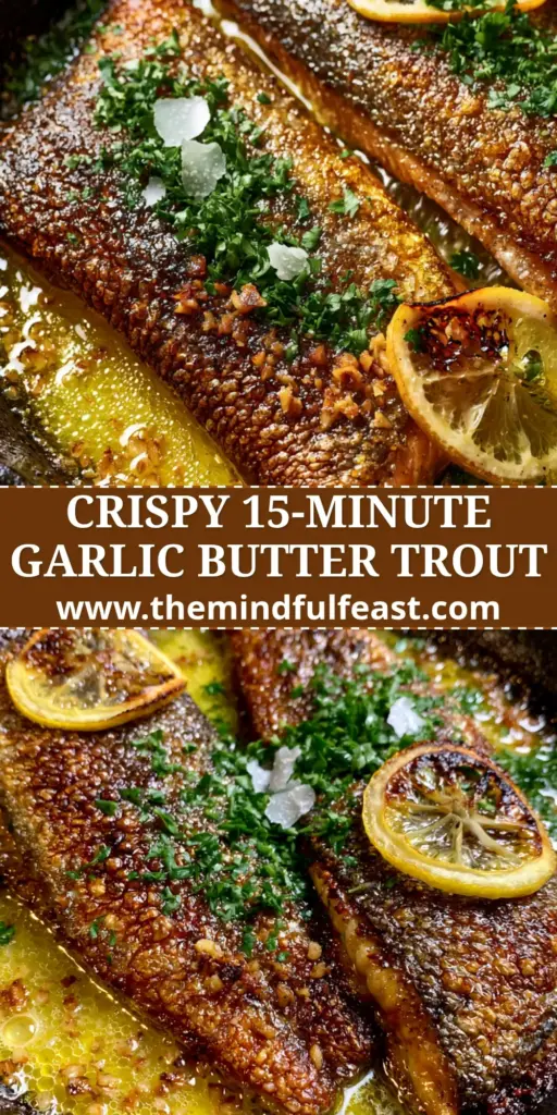Top-down view of pan seared rainbow trout in a cast iron skillet with crispy skin and garlic butter.