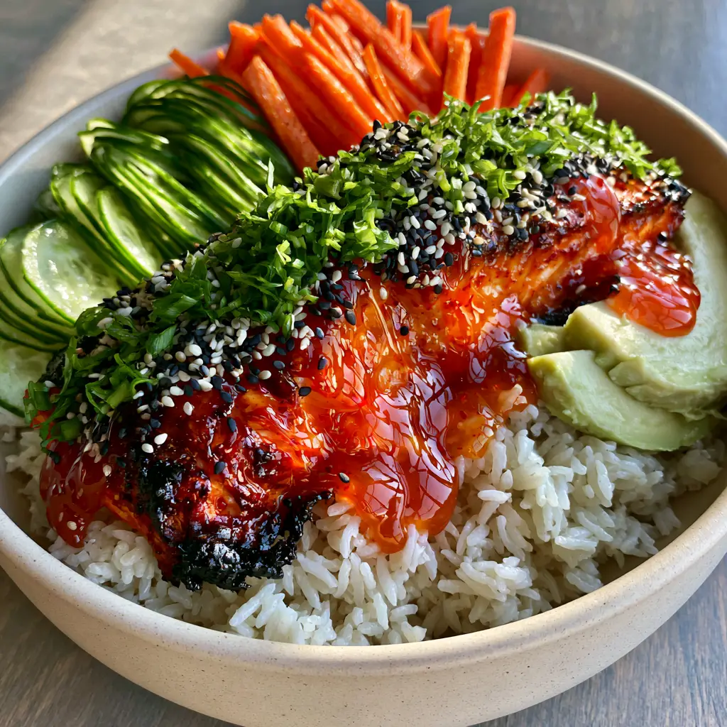 Top-down view of a salmon grain bowl featuring julienned carrots, Persian cucumbers, and creamy avocado.