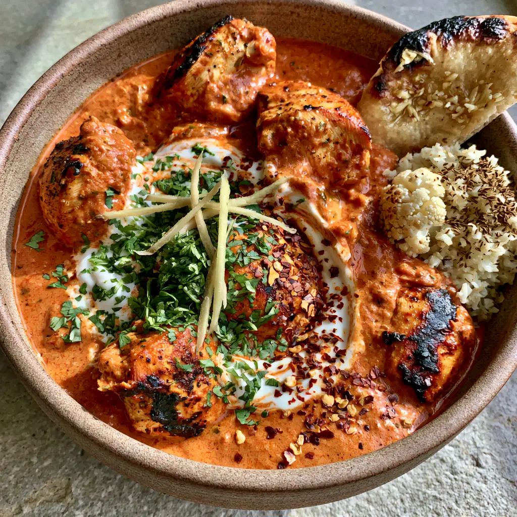 Close-up of charred chicken breast chunks in a tomato and ginger sauce for Healthy Indian food.