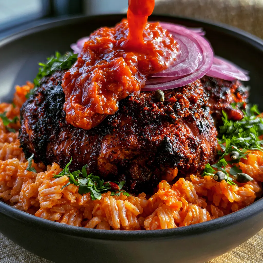 Top-down view of fluffy long-grain orange-red rice in a matte black bowl with fresh cilantro and red onion garnishes.