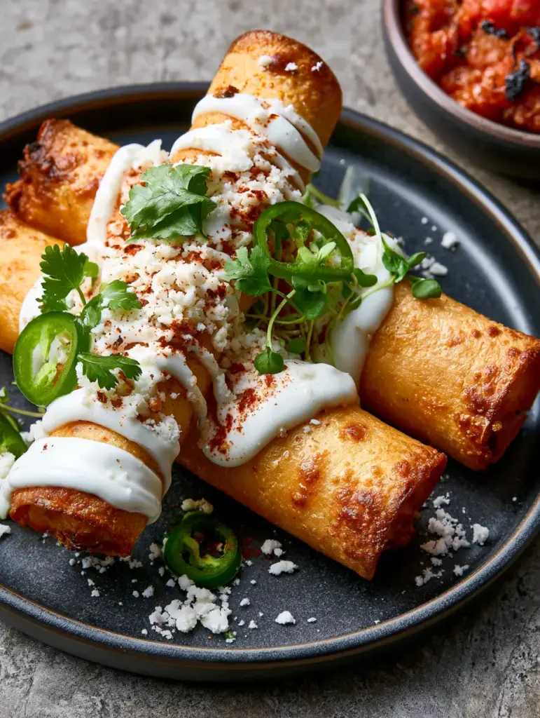 Flautas: The Ultimate Shatter-Crisp Air Fryer Chicken Recipe 1 Angled shot of air fryer Flautas on a grey stone countertop with chunky roasted salsa roja.