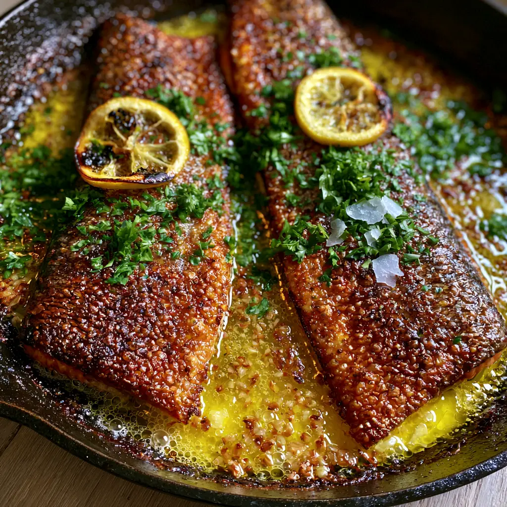 Rainbow trout fillets sizzling in a pool of garlic butter with charred lemon wheels. (pan seared rainbow trout)