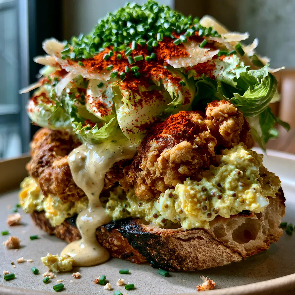 Eye-level view of chunky deviled egg salad with mustard seeds on charred sourdough.
