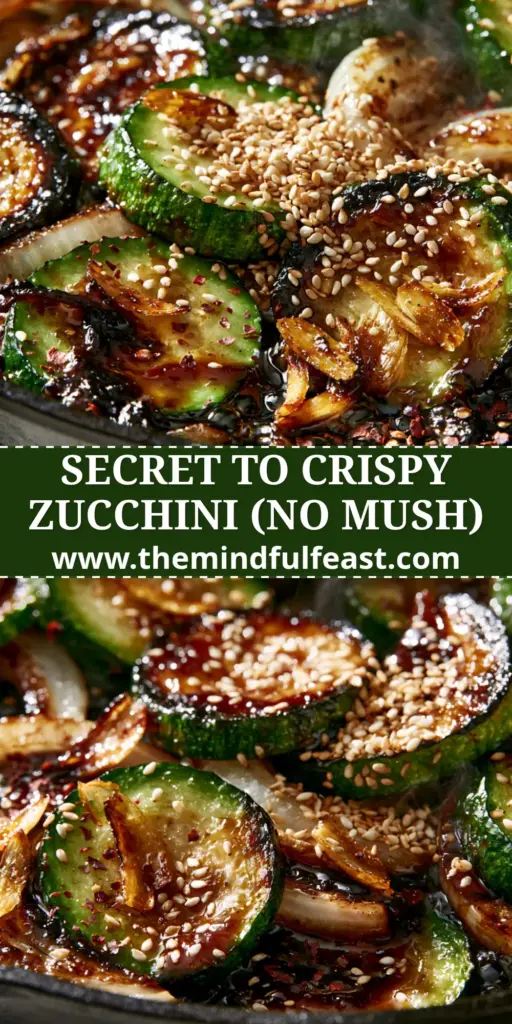 A close-up of a vibrant Zucchini stir fry recipe in a cast iron skillet with charred edges and sesame seeds.