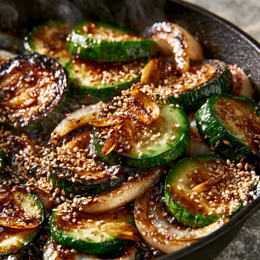 Close-up of glossy soy glaze clinging to zucchini slices and white onions. (Zucchini stir fry recipe)