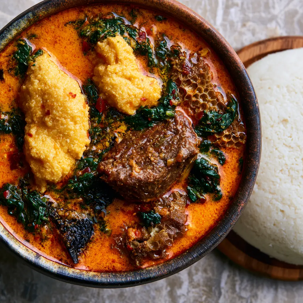 Nigerian Soups: The Ultimate Guide to Hearty Egusi with Pounded Yam 1 Close up of pale-yellow toasted melon seed clumps and textured honeycomb tripe in a rich Nigerian soup base.
