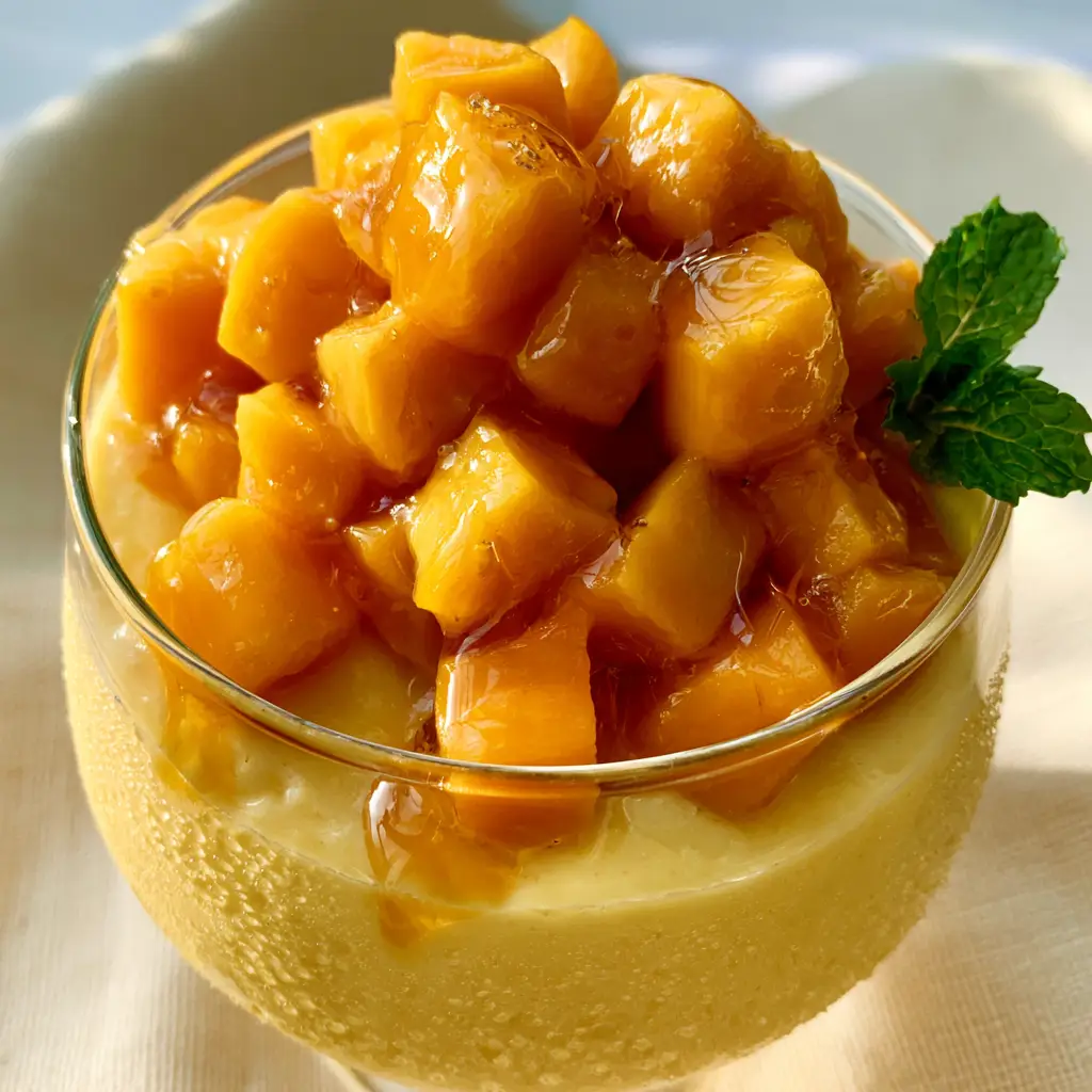 Mango dessert recipe: The Ultimate Silky Alphonso Mango Mousse 2 Extreme close-up of velvety smooth mango mousse with a mountain of diced mango cubes. (Mango dessert recipe)
