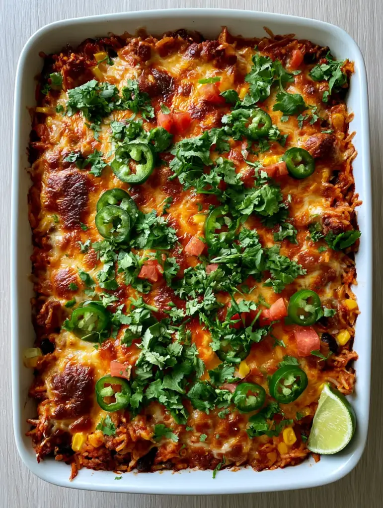 Mexican Rice Casserole: The Ultimate Cheesy Ground Beef Bake 2 Detailed view of steaming Mexican Rice Casserole with golden-brown toasted cheese patches and cilantro. (Mexican Rice Casserole)