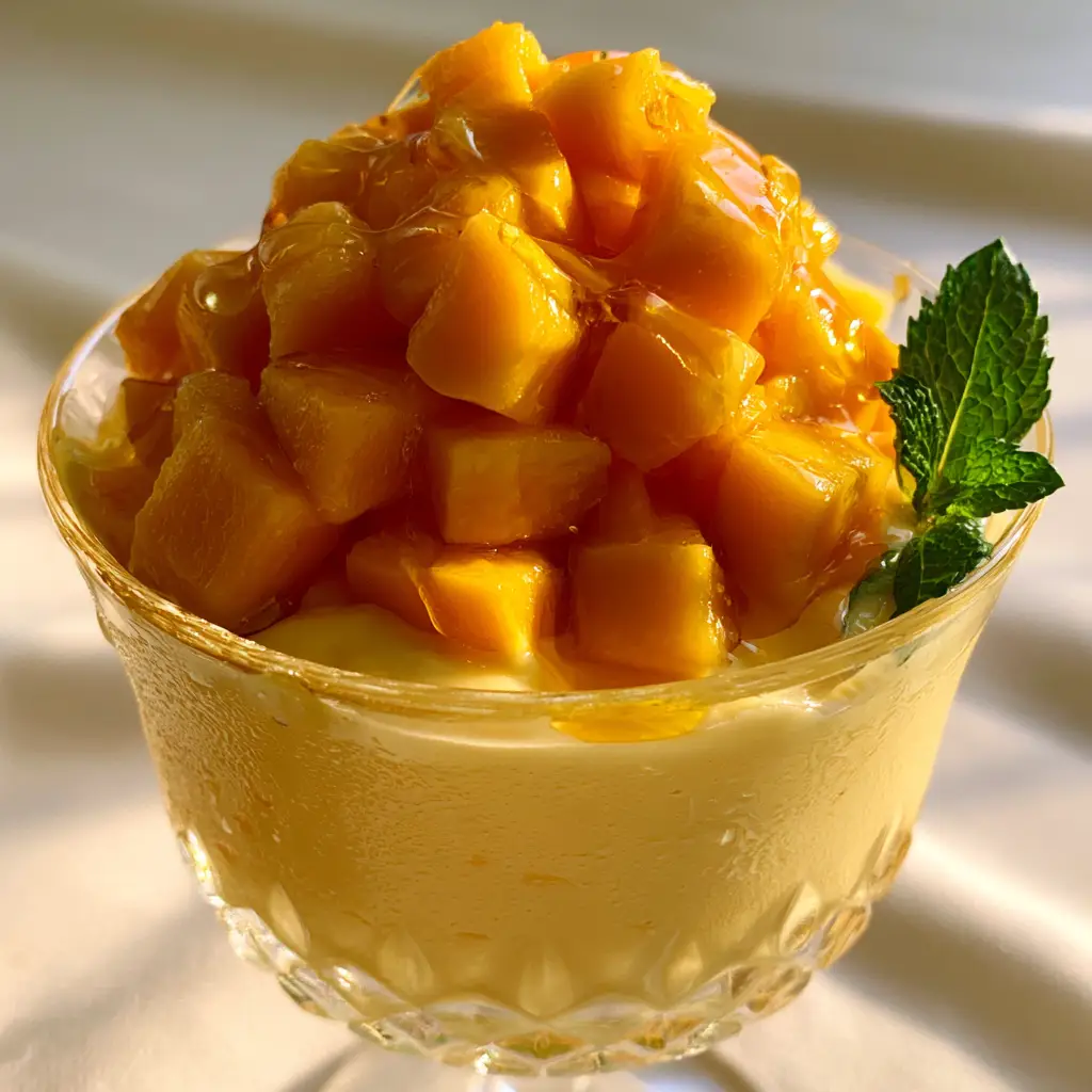 Mango dessert recipe: The Ultimate Silky Alphonso Mango Mousse 1 Macro shot of mango cubes with golden honey drizzle and a mint leaf garnish. (Mango dessert recipe)