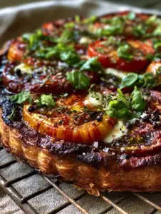 Close up of deep golden-brown multi-layered puff pastry shards on a tomato tart.