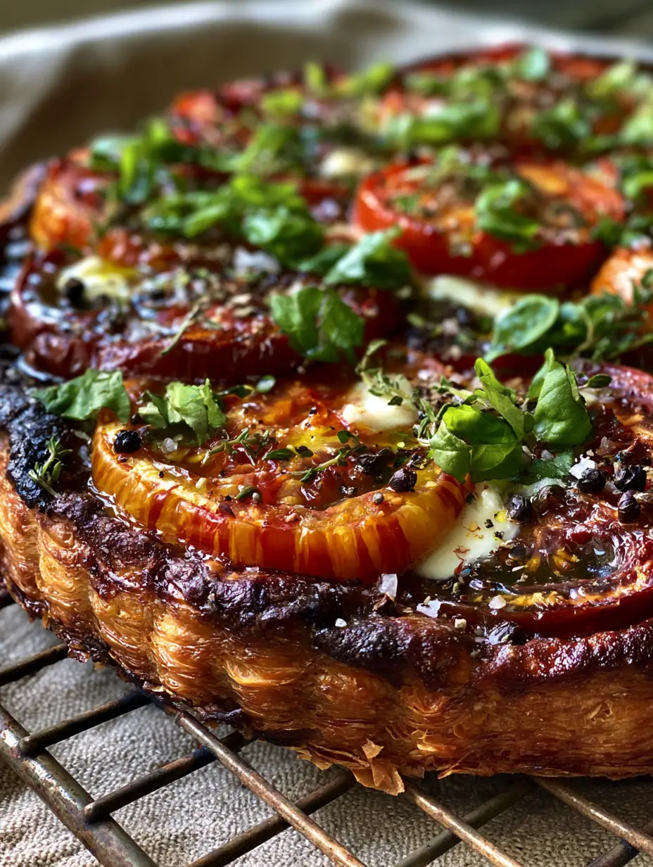 Tomato Tart With Heirloom Slices and Melted Goat Cheese 3 Close up of deep golden-brown multi-layered puff pastry shards on a tomato tart.