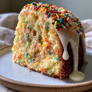 A thick slice of moist funfetti loaf cake showing a dense buttery crumb and unbled sprinkles in natural light.
