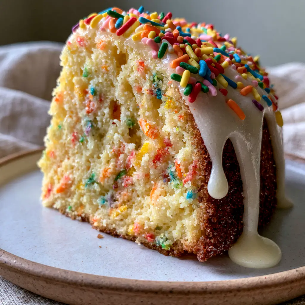 Funfetti Loaf Cake: The Ultimate Buttery Pound Cake with Glossy Glaze 2 A thick slice of moist funfetti loaf cake showing a dense buttery crumb and unbled sprinkles in natural light.