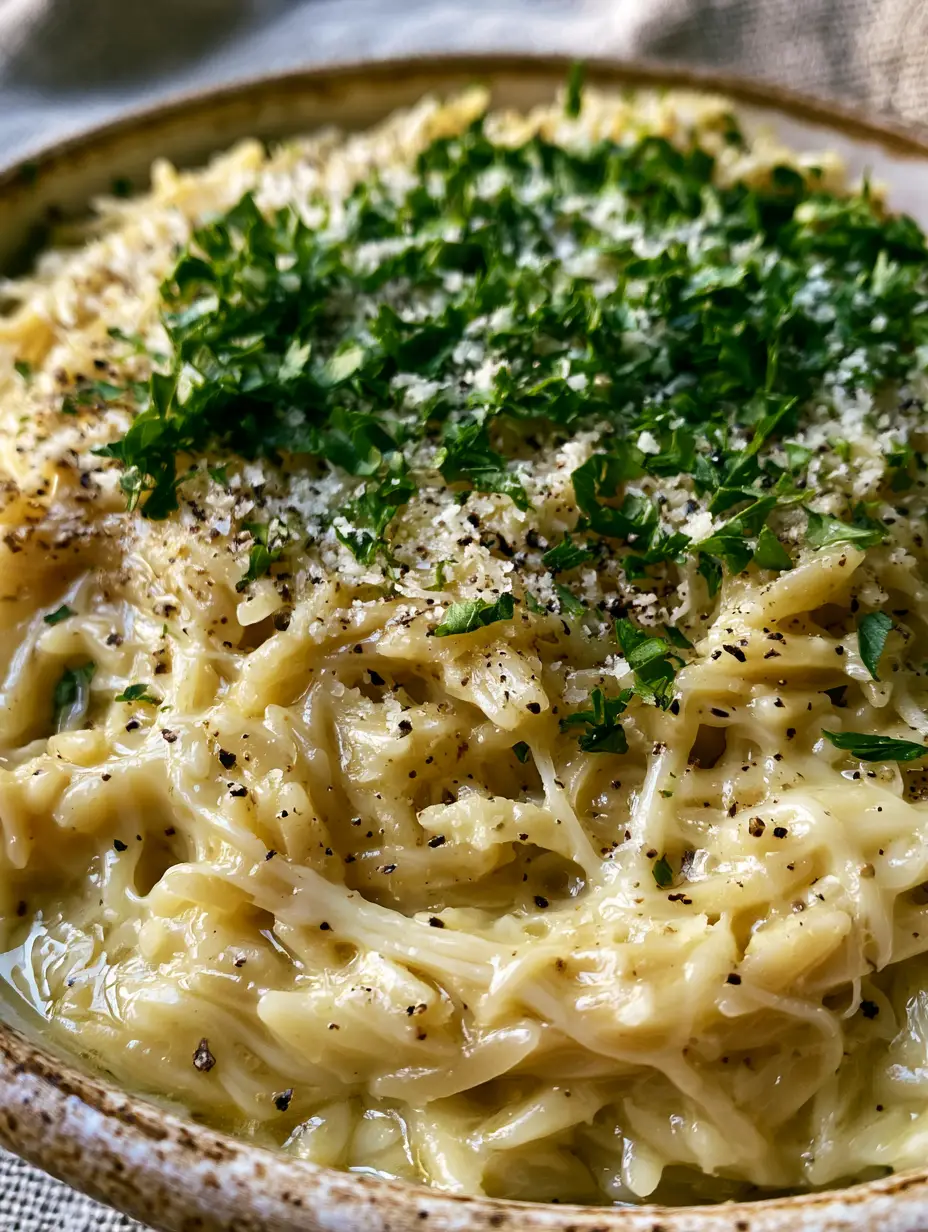 Macro shot of glossy Garlic Butter Orzo with toasted garlic bits and melted parmesan ribbons.