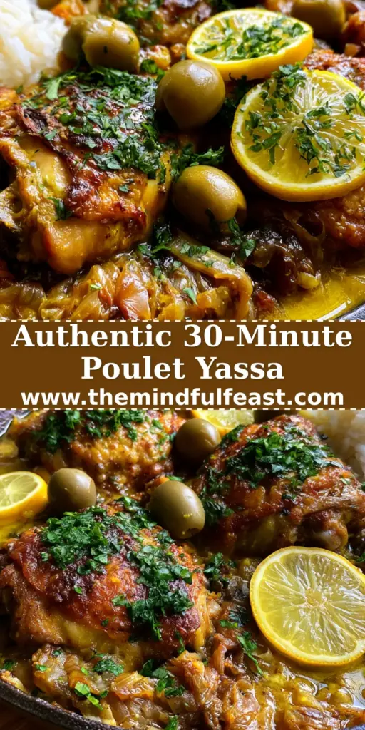 Poulet Yassa: Authentic Senegalese Chicken with Jammy Onions and Mustard 4 A rustic black cast iron skillet filled with Poulet Yassa: golden-brown chicken thighs, jammy caramelized onions, green olives, and lemon slices. (Poulet Yassa)