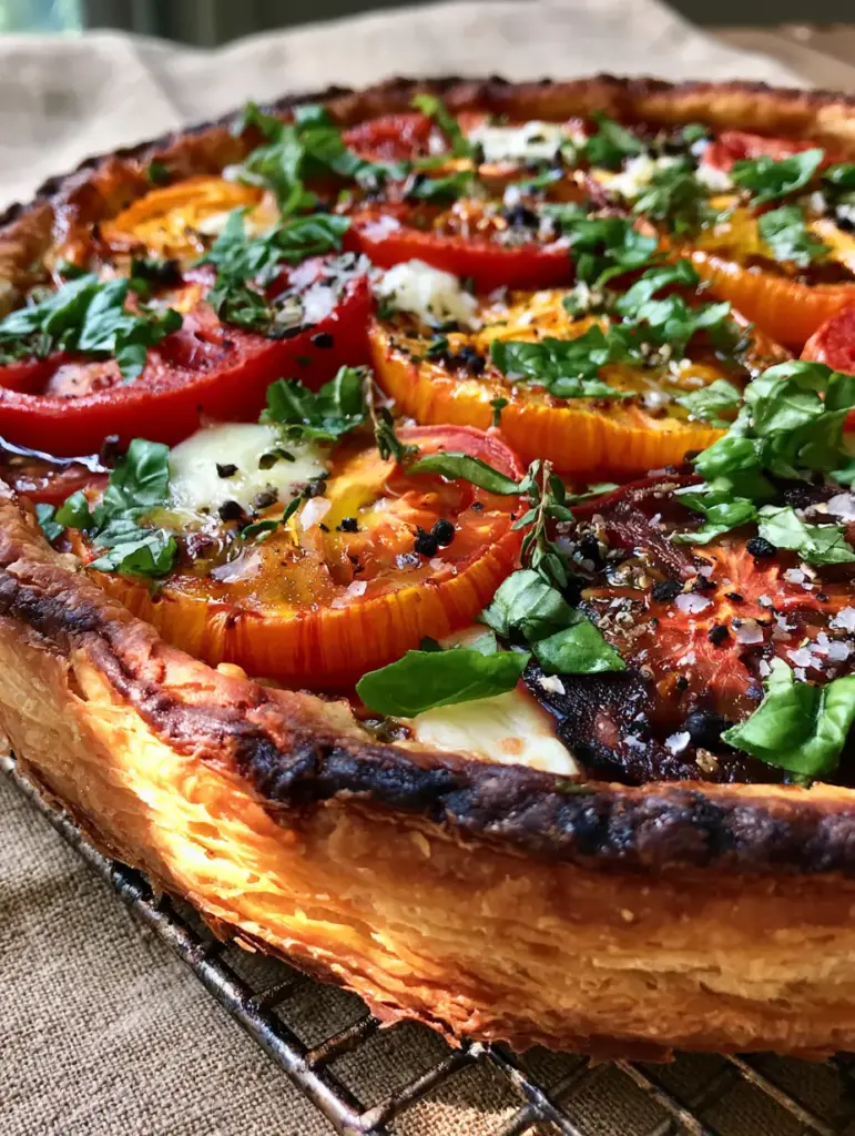 Tomato Tart With Heirloom Slices and Melted Goat Cheese 1 Overlapping ruby red and tiger-striped orange heirloom tomatoes with melted goat cheese dollops.