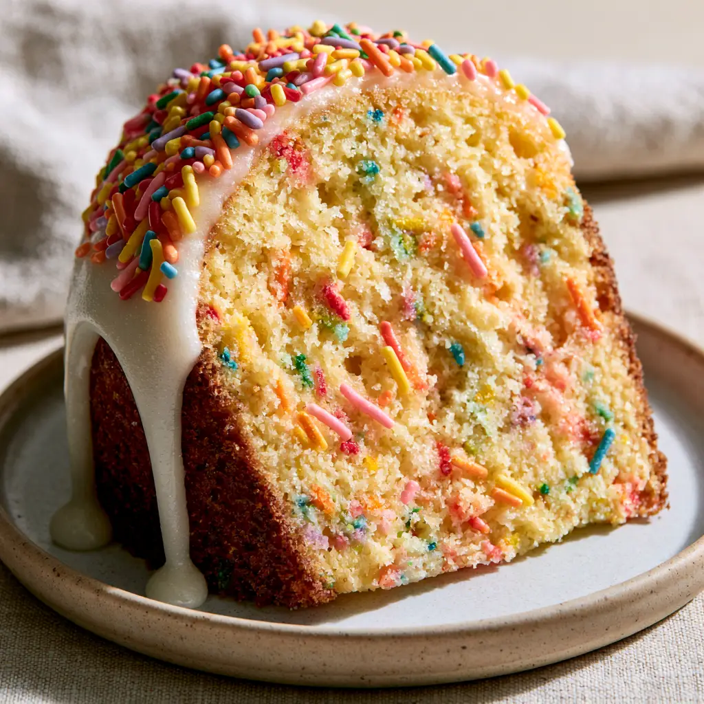 Funfetti Loaf Cake: The Ultimate Buttery Pound Cake with Glossy Glaze 1 Close-up of opaque white glaze dripping down a funfetti loaf cake slice on a neutral background.