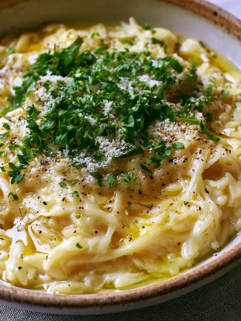 Overhead view of Garlic Butter Orzo in a rustic ceramic bowl with bright green parsley topping.