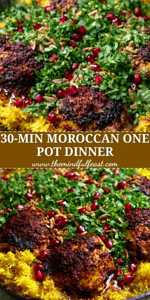 Moroccan Chicken & Rice: One-Pot Crispy Thighs and Golden Turmeric Grains 4 A rustic black cast iron skillet containing Moroccan Chicken & Rice, featuring charred thighs, golden turmeric basmati grains, pomegranate seeds, and fresh cilantro.