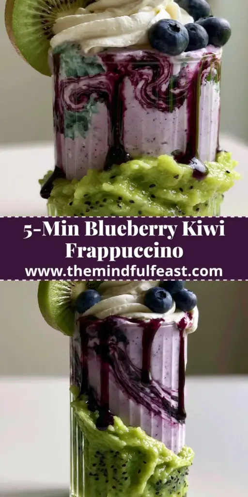 Blueberry Kiwi Frappuccino: The Ultimate Vibrant Layered Summer Treat 4 A close-up of a layered Blueberry Kiwi Frappuccino in a clear ribbed glass with whipped cream and fresh fruit garnish.