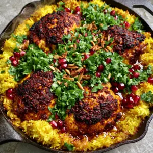 Close-up of charred Ras El Hanout chicken thighs nestled in golden turmeric rice with steam wisps. (Moroccan Chicken & Rice)