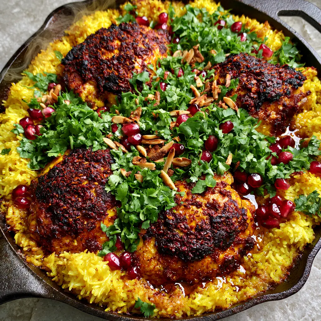 Moroccan Chicken & Rice: One-Pot Crispy Thighs and Golden Turmeric Grains 2 Close-up of charred Ras El Hanout chicken thighs nestled in golden turmeric rice with steam wisps. (Moroccan Chicken & Rice)