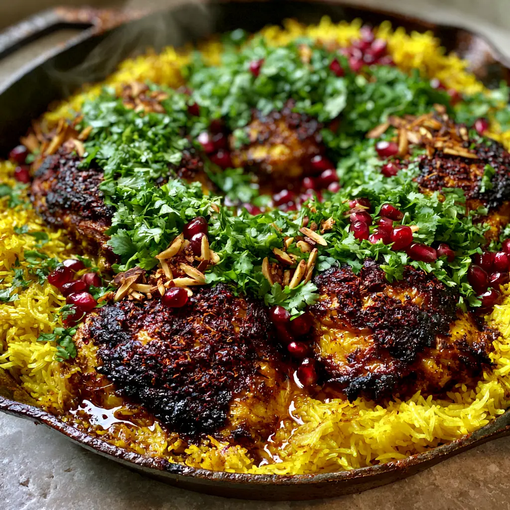 Moroccan Chicken & Rice: One-Pot Crispy Thighs and Golden Turmeric Grains 1 Overhead view of Moroccan Chicken & Rice in a cast iron pan, topped with almonds, pomegranates, and cilantro.