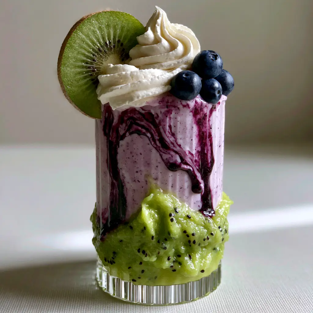 Blueberry Kiwi Frappuccino: The Ultimate Vibrant Layered Summer Treat 1 Close up view of dark purple blueberry compote dripping down the inner walls of a ribbed glass tumbler.