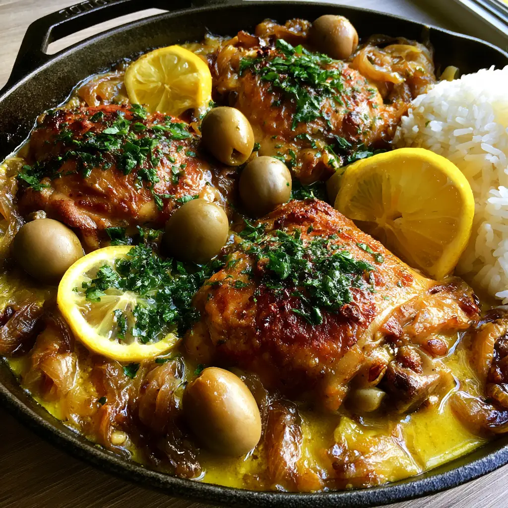 Poulet Yassa: Authentic Senegalese Chicken with Jammy Onions and Mustard 2 Close-up of seared chicken thighs nestled in a thick bed of deep-amber jammy onions and yellow mustard sauce. (Poulet Yassa)