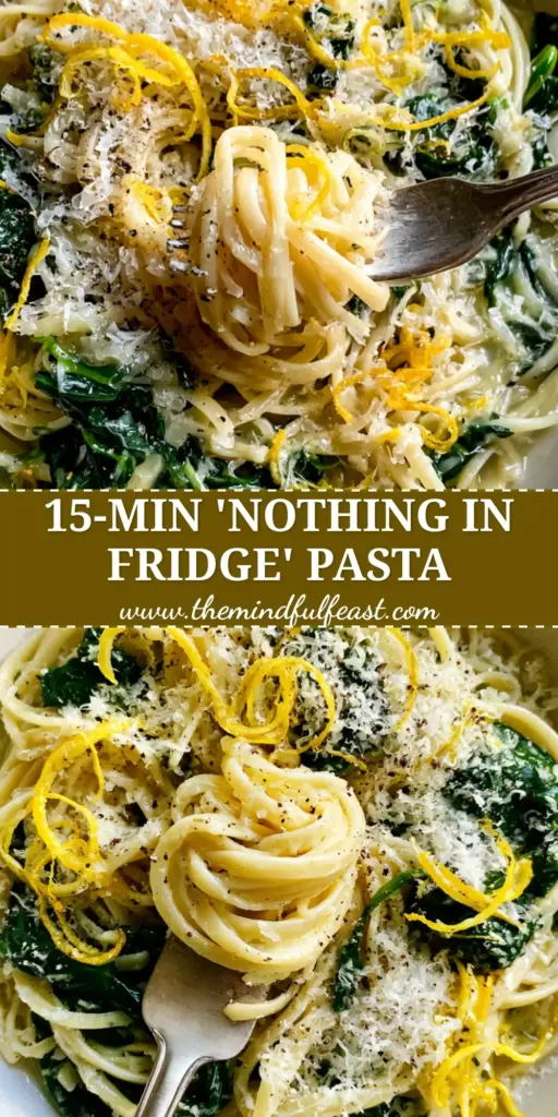 Lemon Spinach Pasta with Glossy Garlic Sauce and Fluffy Parmesan 4 A close-up vertical shot of Lemon Spinach Pasta in a cream bowl with a silver fork lifting a twirl of linguine, showing glossy sauce and lemon zest.
