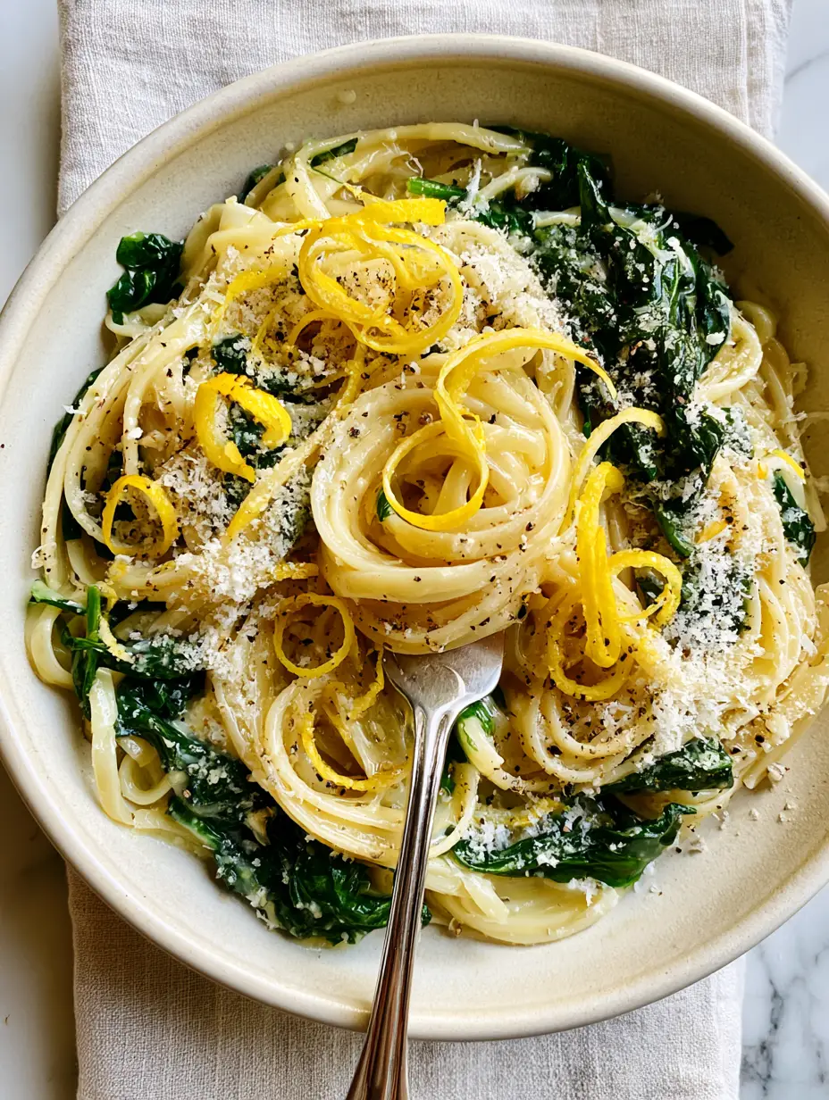 Lemon Spinach Pasta with Glossy Garlic Sauce and Fluffy Parmesan 3 Top-down view of Lemon Spinach Pasta featuring al dente linguine, wilted spinach, and bright lemon zest curls in a minimalist ceramic bowl.