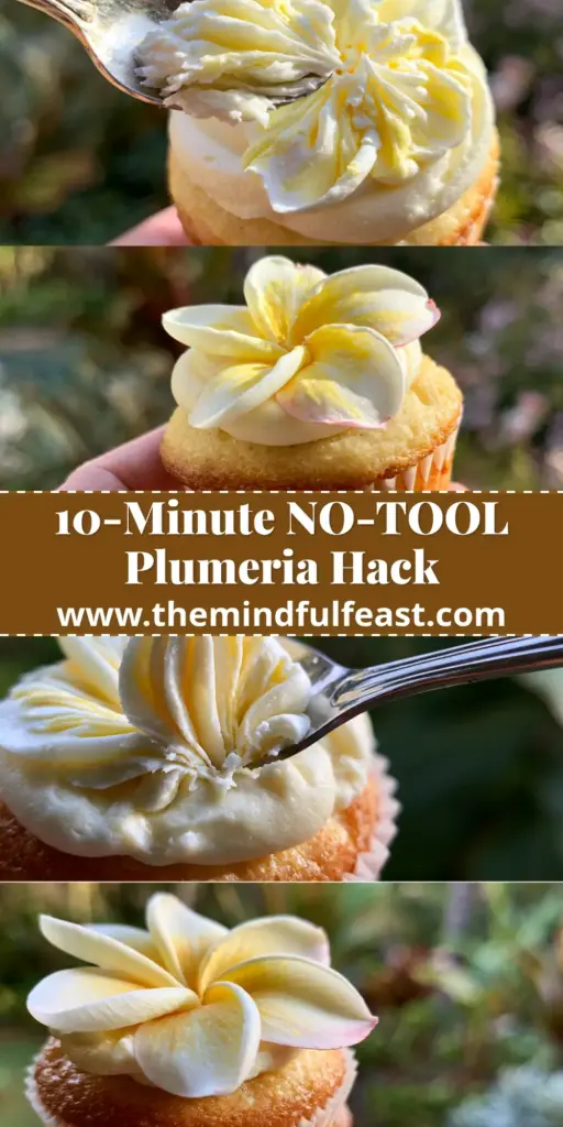 Plumeria Cupcakes: How to Craft Realistic Tropical Buttercream Flowers 4 A close-up of a finished golden vanilla plumeria cupcake with realistic white and yellow buttercream petals held in a tropical garden. (plumeria cupcakes)
