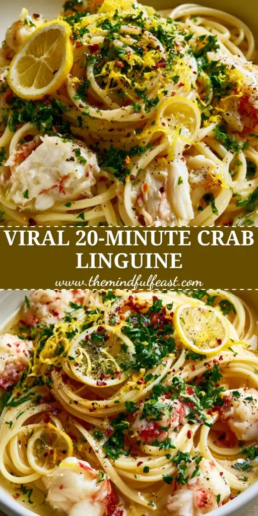 Crab Linguine with Jumbo Lump Crab and Glossy Lemon Garlic Butter 5 A close-up of a twirled nest of Crab Linguine with large pink jumbo lump crab chunks, glossy garlic butter, and fresh parsley garnish.