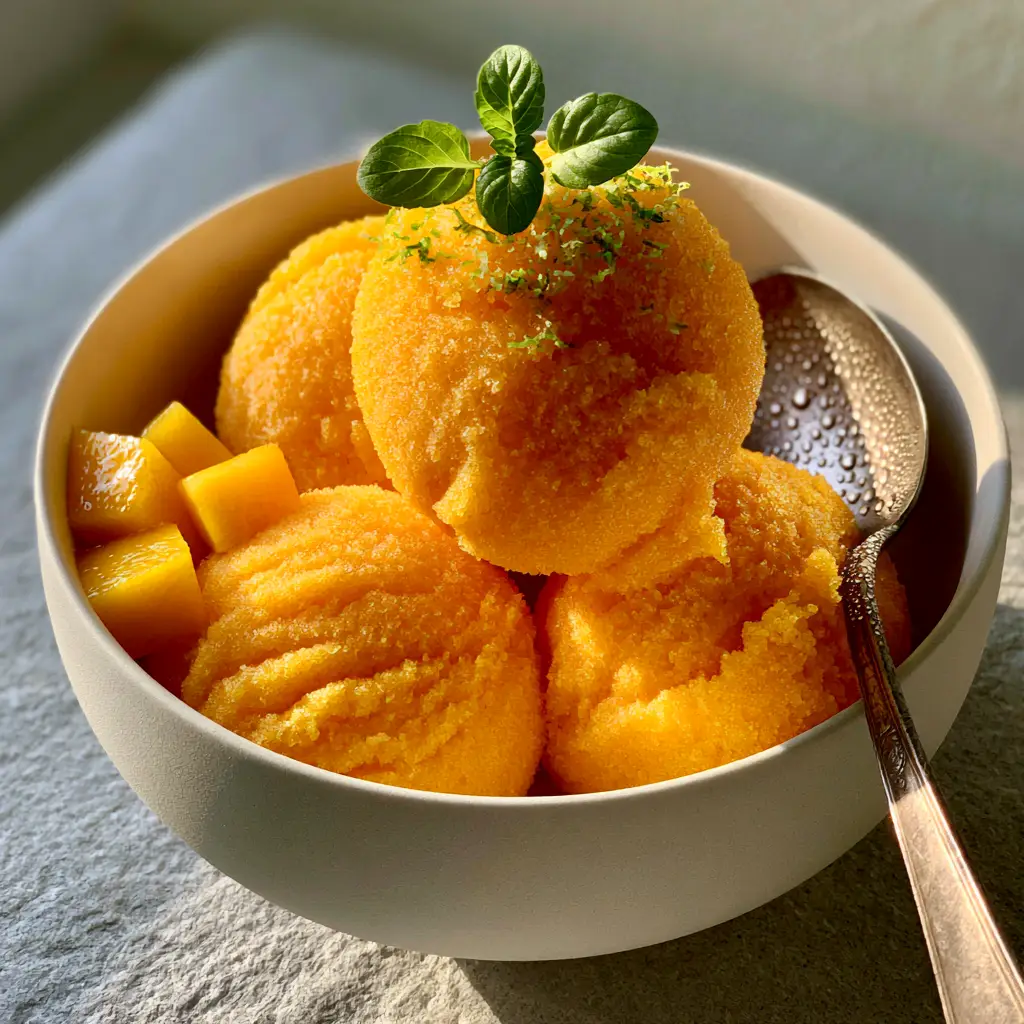 A minimalist white bowl of mango sorbet with a vintage silver spoon and fresh mango cubes. (mango desserts)