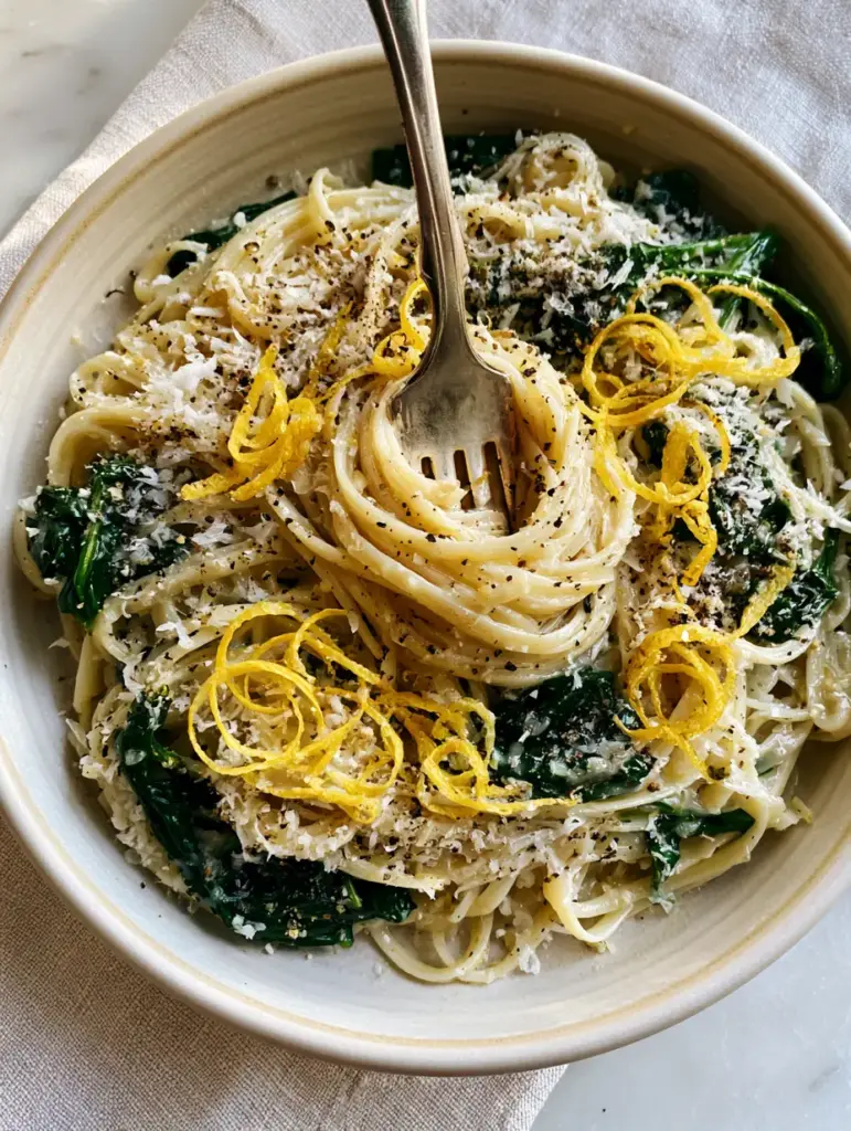 Lemon Spinach Pasta with Glossy Garlic Sauce and Fluffy Parmesan 1 Detailed shot of the Lemon Spinach Pasta with a heavy dusting of fluffy micro-planed parmesan and coarse black pepper.